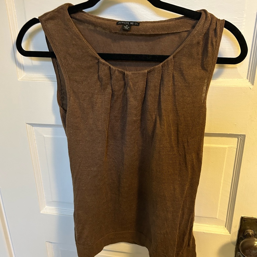Lafayette 148 New York Brown Sleeveless Pleated Scoop Neck Tank Top